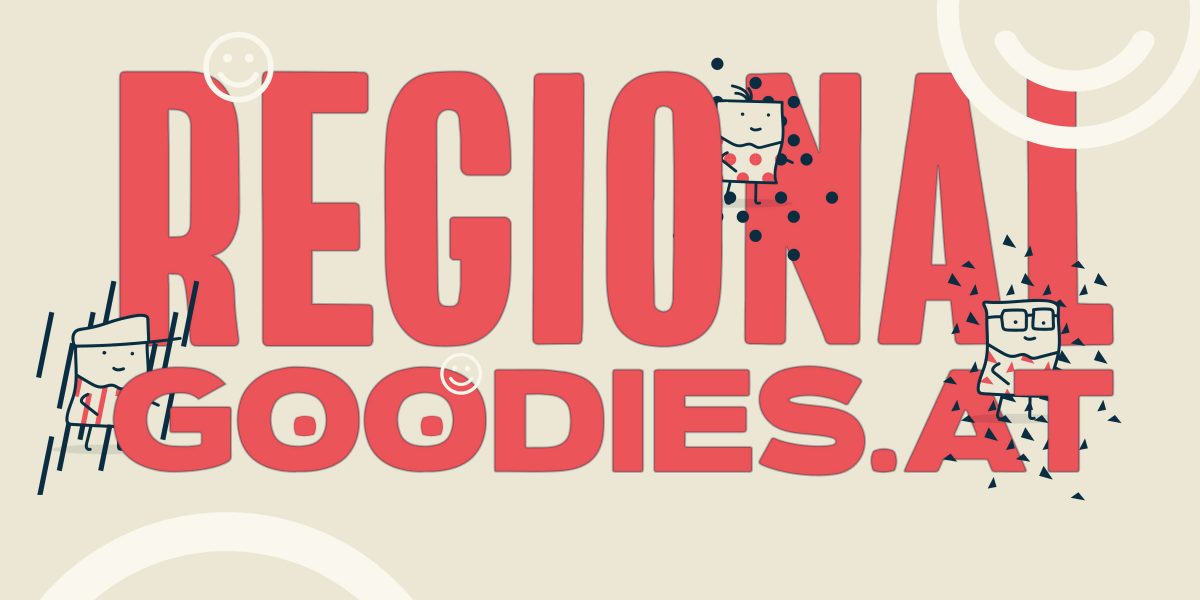 Logo RegionalGoodies in Rot auf Beige mit drei Männchen und Emojis