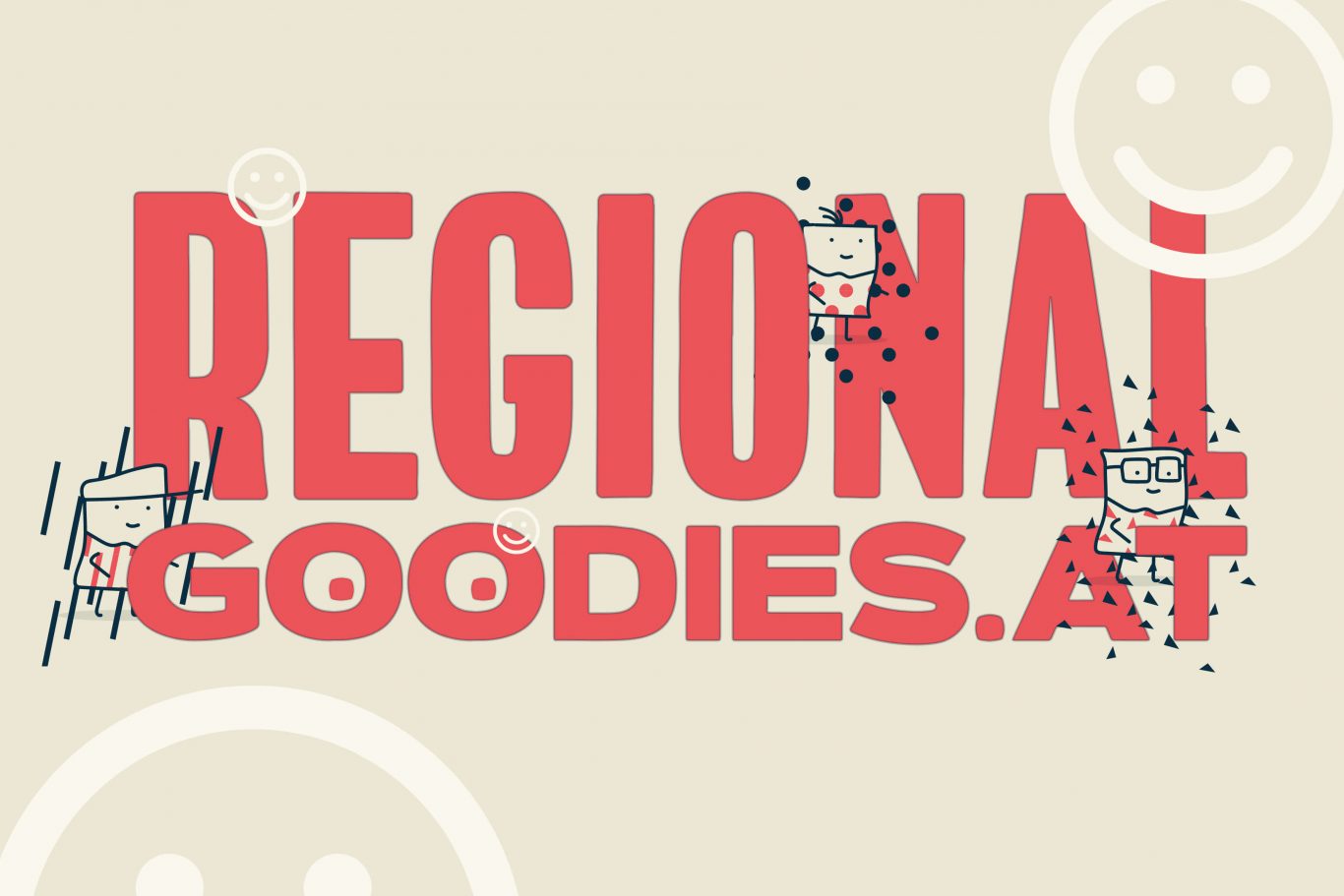 Logo RegionalGoodies in Rot auf Beige mit drei Männchen und Emojis